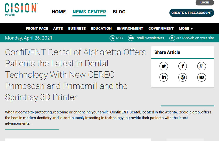 Screen of the article - ConfiDENT Dental of Alpharetta Offers Patients the Latest in Dental Technology With New CEREC Primescan and Primemill and the Sprintray 3D Printer