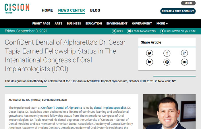 Screen of the article - ConfiDent Dental of Alpharetta’s Dr. Cesar Tapia Earned Fellowship Status in The International Congress of Oral Implantologists (ICOI)