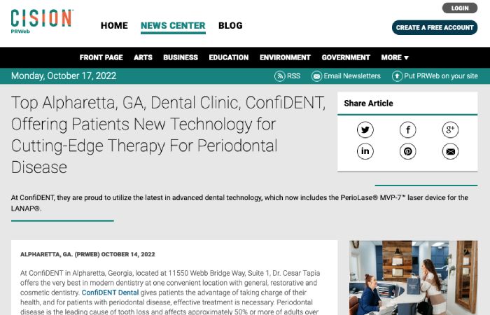 Screenshot of an article titled: Top Alpharetta, GA, Dental Clinic, ConfiDENT, Offering Patients New Technology for Cutting-Edge Therapy For Periodontal Disease