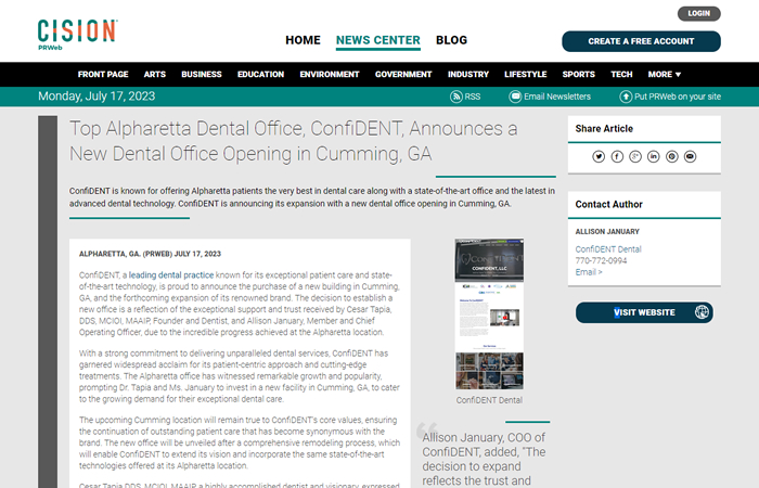 Screenshot of an article titled: Top Alpharetta Dental Office, ConfiDENT, Announces a New Dental Office Opening in Cumming, GA