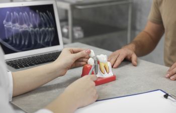 A doctor explaining patient an issue on a dental implant model.