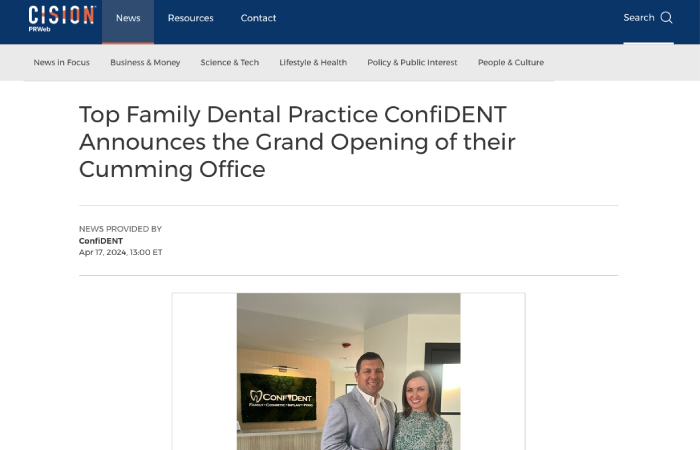 Screenshot of an article titled: Top Family Dental Practice ConfiDENT Announces the Grand Opening of their Cumming Office
