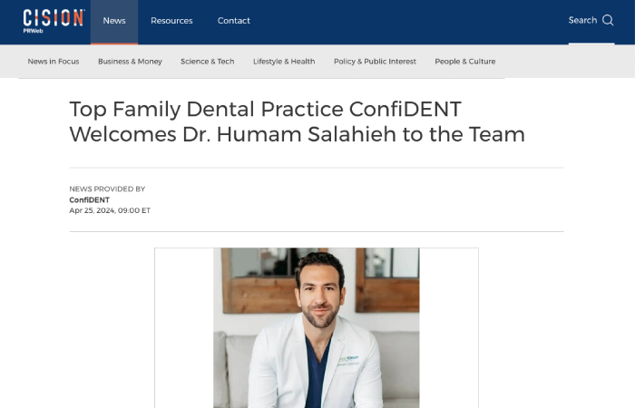 Screenshot of an article titled: Top Family Dental Practice ConfiDENT Welcomes Dr. Humam Salahieh to the Team