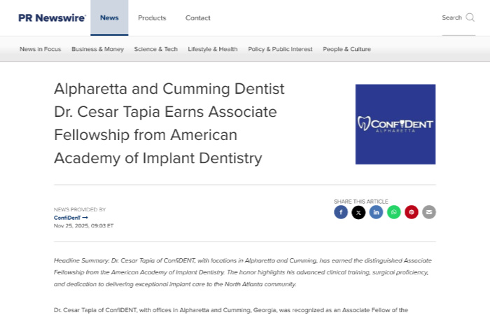 screenshot of an article titled: Alpharetta and Cumming Dentist Dr. Cesar Tapia Earns Associate Fellowship from American Academy of Implant Dentistry