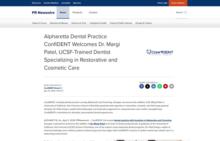 printscreen of article titled: Alpharetta Dental Practice ConfiDENT Welcomes Dr. Margi Patel, UCSF-Trained Dentist Specializing in Restorative and Cosmetic Care